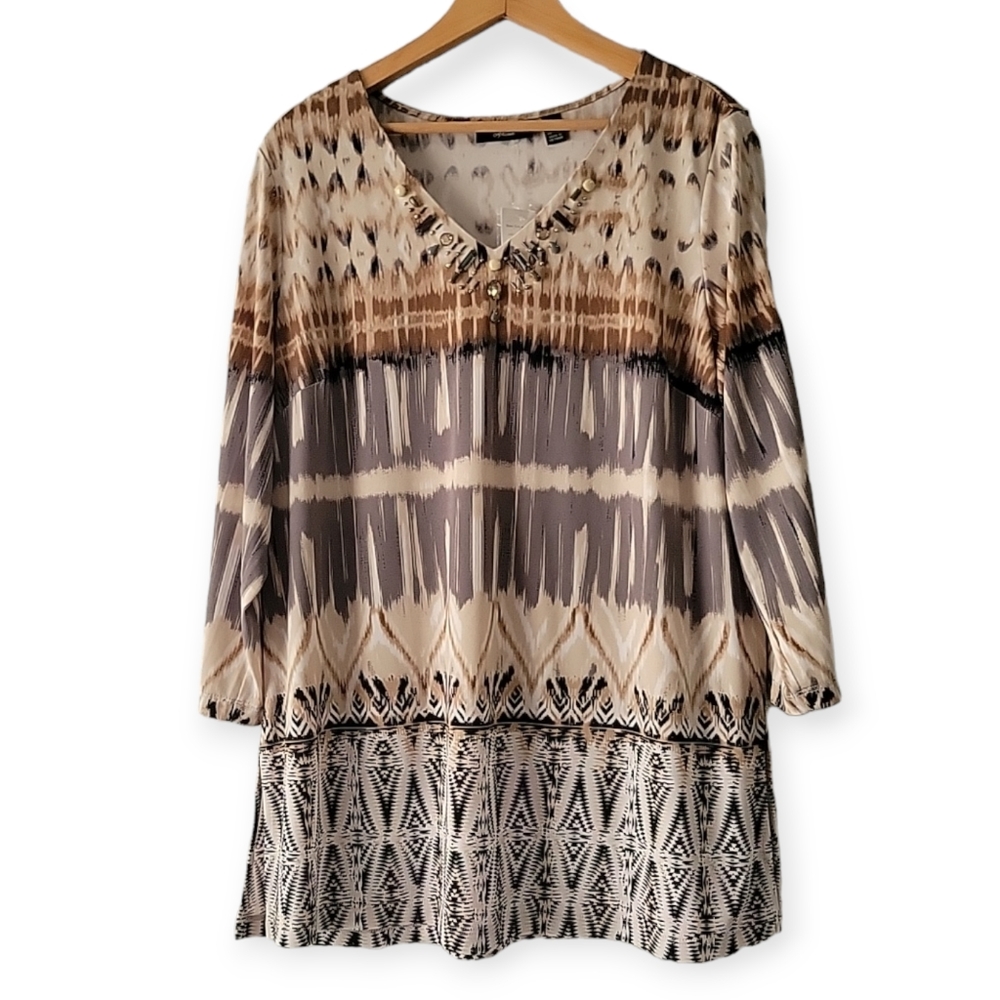 Nwt Susan Graver Arstisan Tunic Geometric Print 3/4 Sleeve Top